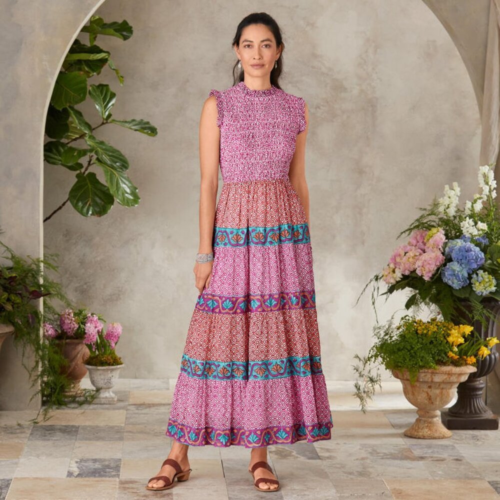 NWT $298 Oliphant Sundance Catalog SMOCKED MAXI TETON MAGENTA Dress XS
